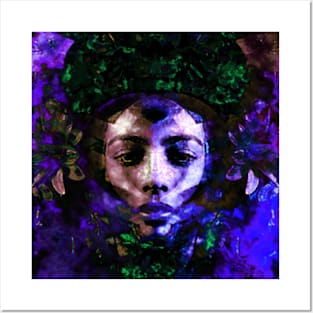 Beautiful girl face, near flowers. Green and violet. Fantasy, sci-fi. Look like robot. Posters and Art